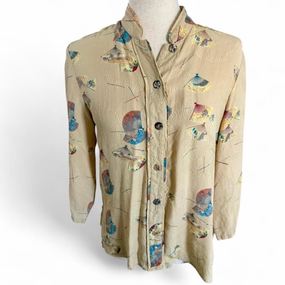 CITRON Santa Monica Silk Art to Wear Asian Fan Print Mandarin Collar Top Size S